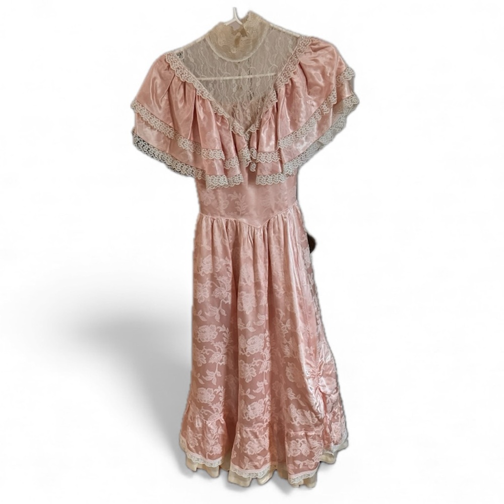 Gunne Sax x Jessica McClinton Pink Lace Formal Dress Bow Tulle Pearl Buttons